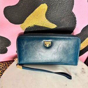 Teal Leather Wallet with Fox Emblem with card compartments